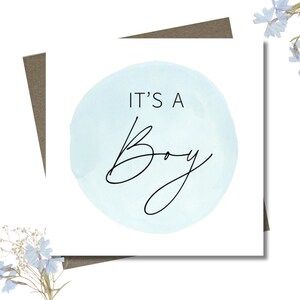 It's a boy. Baby card & envelope. 12.5cm square card. New baby. Welcome little one . Blue watercolour. Modern font. Simple.
