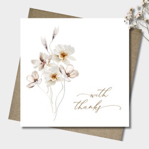Floral thank you card & envelope. 12.5cm square card. White garden flowers . Gold and white. Rustic Wedding. Dried flowers.