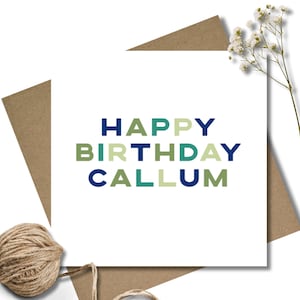 Personalised Birthday card & envelope. 12.5 x 12.5cm square card. Customised Blue lime sage green card. Simple card.