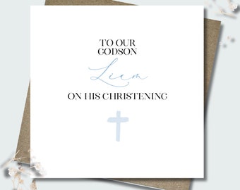 Personalised Boy Baptism Christening card & envelope. 12.5cm square card. Customised Christening card. Blue cross.  Godson.