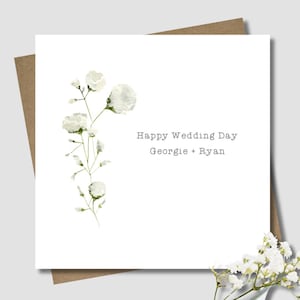 Personalised wedding card & envelope. 12.5cm sq. card. Customised. Bride and Groom. White flower. Gypsophila. Baby's breath. Floral.Minimal.