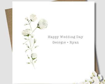 Personalised wedding card & envelope. 12.5cm sq. card. Customised. Bride and Groom. White flower. Gypsophila. Baby's breath. Floral.Minimal.