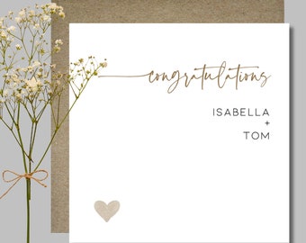 Personalised wedding card & envelope. 12.5 x 12.5cm square card. Customised. Bride and Groom. Gold heart. Handwritten script font.