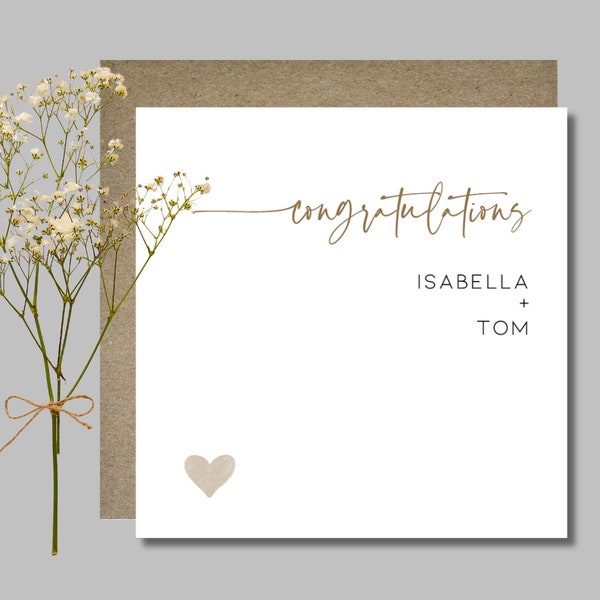 Personalised wedding card & envelope. 12.5 x 12.5cm square card. Customised. Bride and Groom. Gold heart. Handwritten script font.