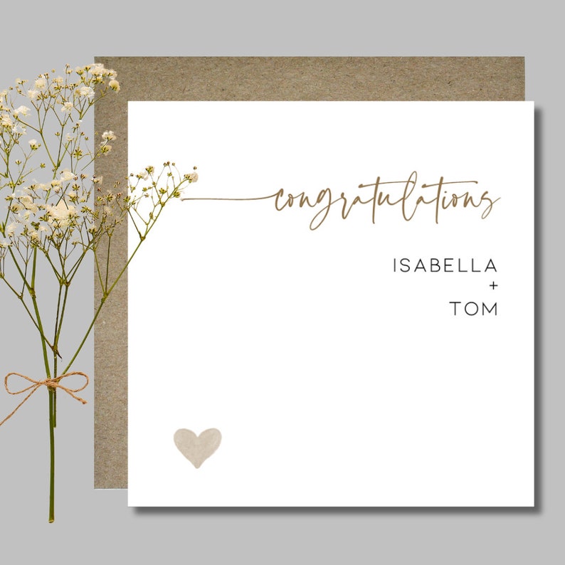 Personalised wedding card & envelope. 12.5 x 12.5cm square card. Customised. Bride and Groom. Gold heart. Handwritten script font. image 1