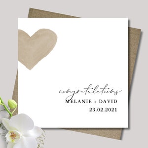 Personalised wedding card & envelope. 12.5cm square card. Customised Bride and Groom heart card. Modern script font. Couple's name and date.
