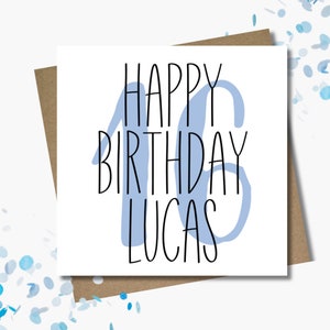 Personalised blue birthday card & envelope. 12.5cm card. Customised. Happy Birthday. Pastel blue and black.
