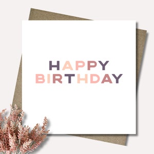 Birthday card & envelope. 12.5cm square card. Pink purple salmon coral card. Generic. Girl. Female.