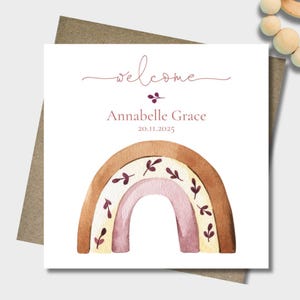 Personalised new baby rainbow card & envelope. 12.5cm square card. Customised pink welcome card. Girl baby card. Birth card. Rustic.