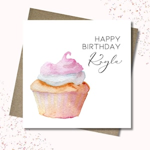 Personalised birthday card & envelope. 12.5cm square card. Customised cupcake card. Birthday cake name card. Pink card. Girl card.