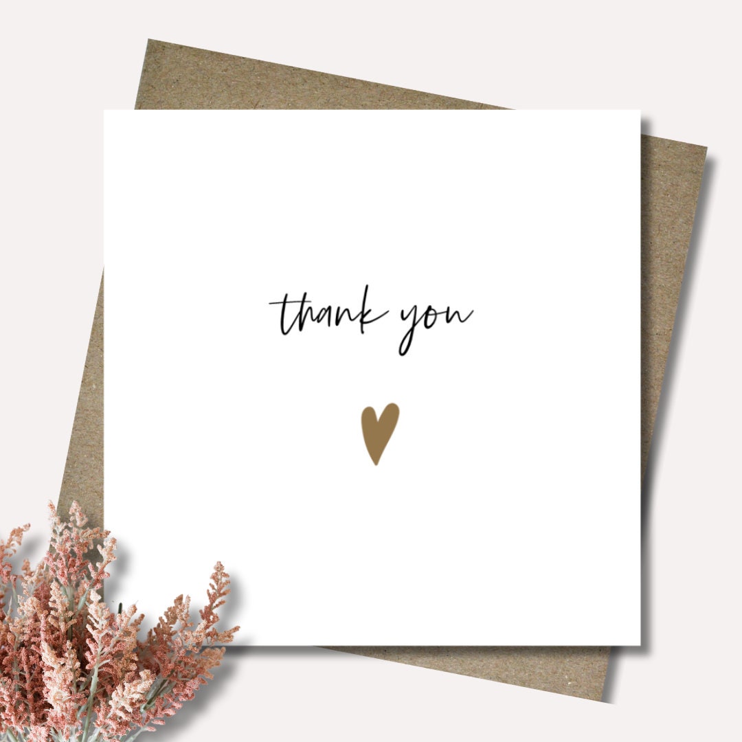 Gold Heart Thank You Card and Envelope. 12.5cm. Modern Font ...