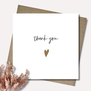 Gold heart thank you card and envelope. 12.5cm. Modern font. Handwritten font. Rustic card.