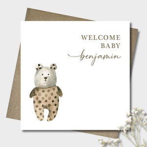 Personalised new baby boy watercolour rustic card & envelope. 12.5cm square card. Customised. Welcome baby card. Brown teddybear.