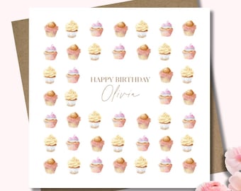 Personalised pink cupcake birthday card & envelope. 12.5cm square card. Customised. Cake name card. Pink. Girl. Female.