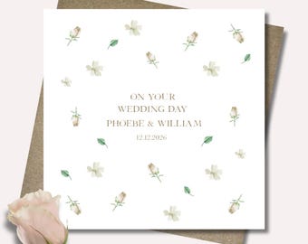 Personalised Wedding card & envelope with white roses and flowers. 12.5cm sq. card. Customised. Bride and Groom. Wedding date.