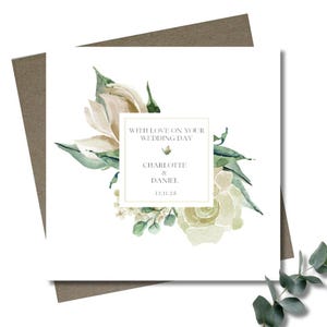 Personalised wedding card & envelope. 12.5cm square card. Customised. Bride and Groom. Simple white flower. Native.