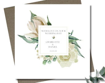 Personalised wedding card & envelope. 12.5cm square card. Customised. Bride and Groom. Simple white flower. Native.