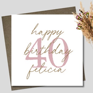 Personalised pink birthday card & envelope. 12.5cm card. Customised. Happy Birthday. Rose gold and black.
