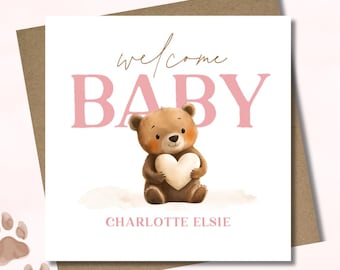 Personalised new baby teddy bear with heart card & envelope. 12.5cm sq. card. Customised birth card. Rustic. pink. Baby girl.