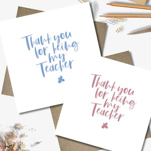 Teacher Thank you card & envelope. 12.5cm square card. Teacher. Coach. Mentor. Grade teacher. Simple card. Choice of font colours.