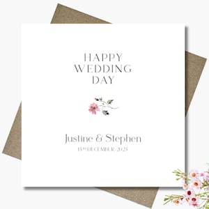 Personalised wedding card & envelope. 12.5cm square card. Customised. Bride and Groom. Simple dried flower. Rose branch. Pink.