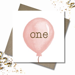 Personalised children's age and name balloon birthday card & envelope. 12.5cm square card. Customised number card. Girl. Pink.