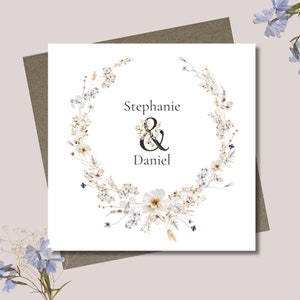 Personalised wedding card & envelope. 12.5cm square card. Customised. Bride and Groom. Dried wildflower wreath. Rustic natural.