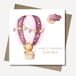 Personalised pink air balloon with lion birthday card & envelope. 12.5cm sq. card. Customised girl card. First birthday. Age.