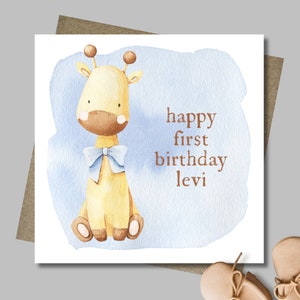 Personalised blue giraffe birthday card & envelope. 12.5cm sq. card. Customised boy card. First birthday. Any age. Toddler.