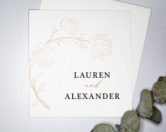 Personalised wedding card & envelope. 12.5cm sq. card. Customised Bride Groom gold sketched branch. Bridal Couple's name. Romantic font.