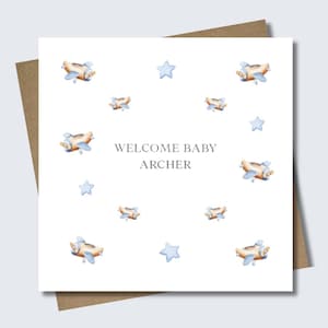 Personalised new baby aeroplane card & envelope. 12.5cm square card. Customised blue welcome card. Boy card. Birth card. Stars. Nursery.