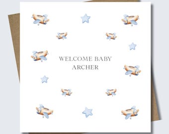 Personalised new baby aeroplane card & envelope. 12.5cm square card. Customised blue welcome card. Boy card. Birth card. Stars. Nursery.