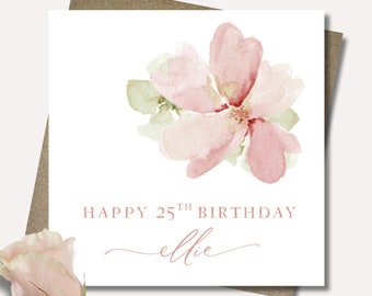 Personalised gift card and envelope. 12.5cm square. Customised pink floral name birthday card. Pastel flowers. Watercolour.