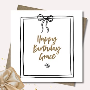Personalised gold and black birthday card & envelope. 12.5cm card. Customised. Happy Birthday. Whimsical. Imperfect. Relaxed. Bow. Frame.