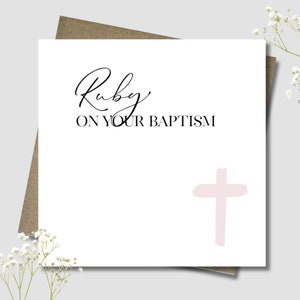 Personalised Boy/Girl Baptism card & envelope. 12.5cm square card. Customised Christening. Holy Communion card. Blue, pink or natural cross.