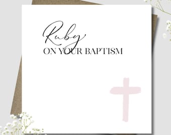 Personalised Boy/Girl Baptism card & envelope. 12.5cm square card. Customised Christening. Holy Communion card. Blue, pink or natural cross.