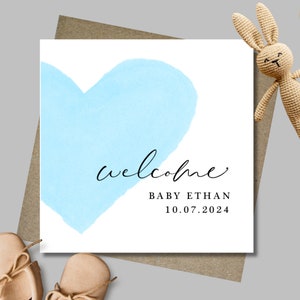 Personalised blue heart new baby card & envelope. 12.5cm square card. Customised. Welcome card. Boy baby card. Blue. Handwritten font.