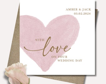 Personalised wedding card & envelope. 12.5cm square card. Customised Bride and Groom pink gold heart. Couple's name date. Modern script.