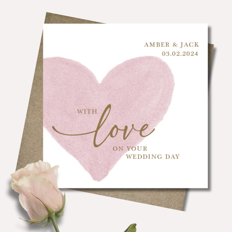 Personalised wedding card & envelope. 12.5cm square card. Customised Bride and Groom pink gold heart. Couple's name date. Modern script. image 1