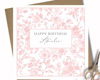 Personalised gift card and envelope. 12.5cm square. Customised pastel pink floral name birthday card. Pink. Feminine birthday.