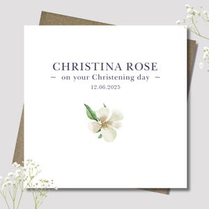 Personalised Girl Baptism card & envelope. 12.5cm square card.Customised.Christening.Baptism.Holy Communion.Naming day.White floral.Minimal.
