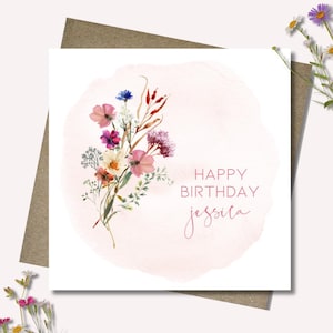 Personalised gift card and envelope. 12.5cm square. Customised pink floral wildflower name birthday card. Pastel flowers. Watercolour.
