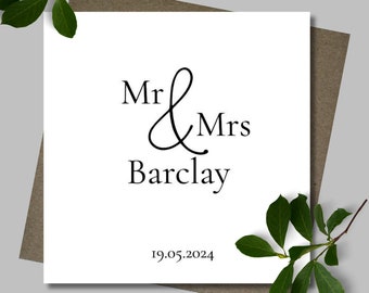 Personalised Mr and Mrs. Wedding card & envelope. 12.5cm square card. Customised wedding couple surmane card. Minimalist. Simple.