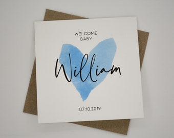 Personalised new baby card & envelope. 12.5 x 12.5cm square card. Customised. Heart card. Welcome card. Boy baby card. Blue. Modern font.