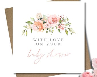 Baby shower. Mum to be card & envelope. Baby shower. Pink rose bunch card. Gender reveal. Script font. 12.5cm square card. Floral.