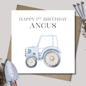 Personalised blue tractor birthday card & envelope. 12.5cm sq. card. Customised farm. All age birthday. First birthday. Boy.