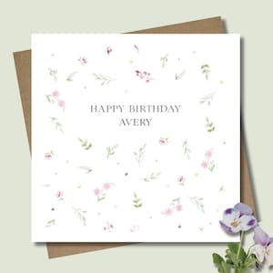 Personalised gift card and envelope. 12.5cm square. Customised pastel floral name birthday card. Wildflowers. Watercolour. Meadow.
