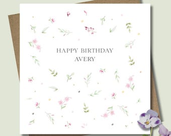 Personalised gift card and envelope. 12.5cm square. Customised pastel floral name birthday card. Wildflowers. Watercolour. Meadow.