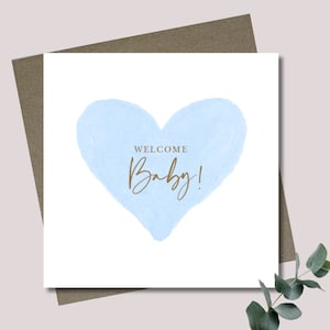 Baby boy card & envelope. 12.5 x 12.5cm square card. New baby. Welcome card. Blue heart. Modern font. Blue and gold