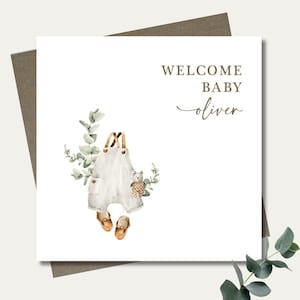 Personalised new baby boy watercolour rustic card & envelope. 12.5cm square card. Customised. Welcome baby card. Boho. Native branch.
